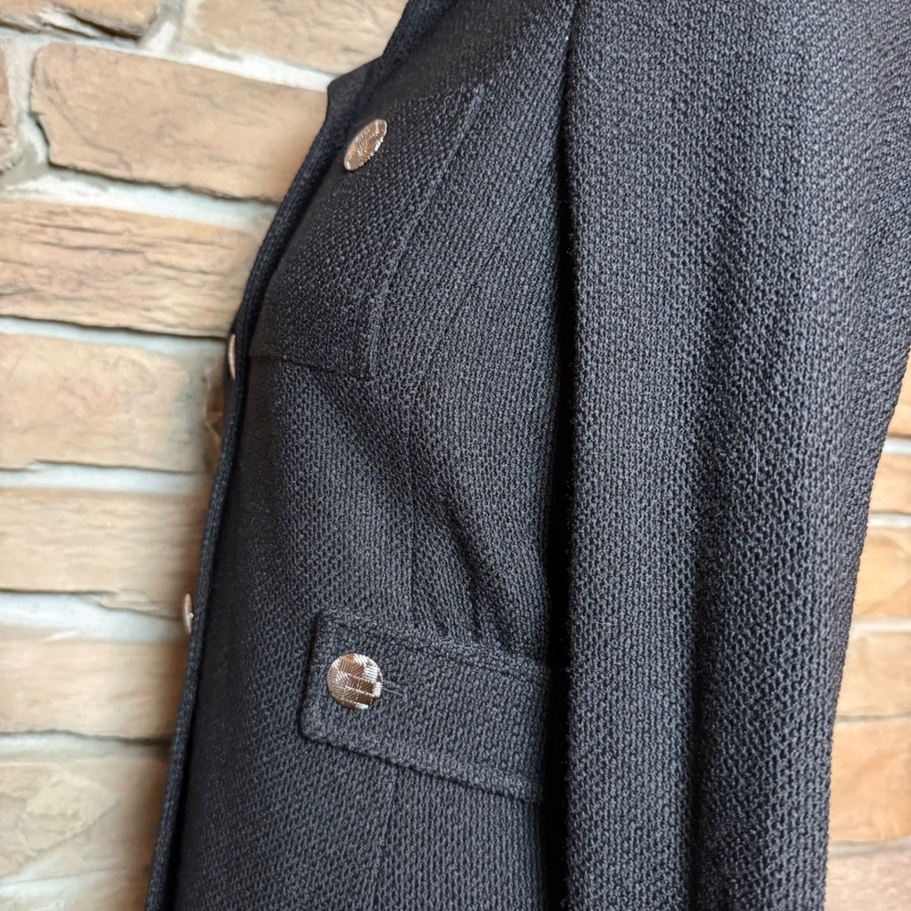 St. John Black Knit Jacket Blazer Size 4 Silver Logo Buttons USA Made - Picture 3 of 11